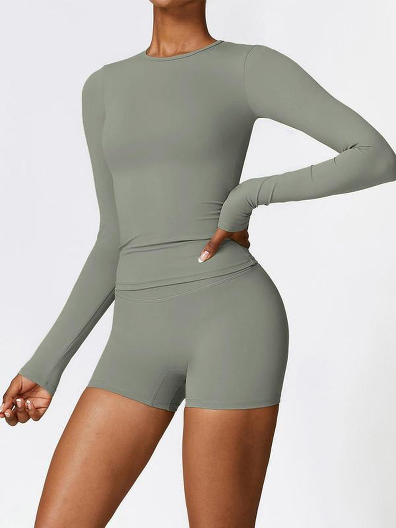 Women'S Solid Tee & High Waist Skinny Shorts Sports Clothing Set Outfits for Yoga Gym Workout Running, Ladies Sportswear for All Seasons, Sports Activewear Set